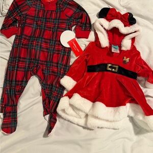 Disney Minnie Red Santa Outfit w/ Black & Gold Accents & Plaid onesie-NWT- 9mth